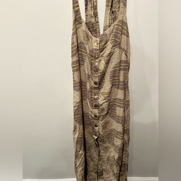 Anthropologie x Celandine Linen Halter V-Neck Button-Front Maxi Dress Beige Sz.M - Picture 2 of 6